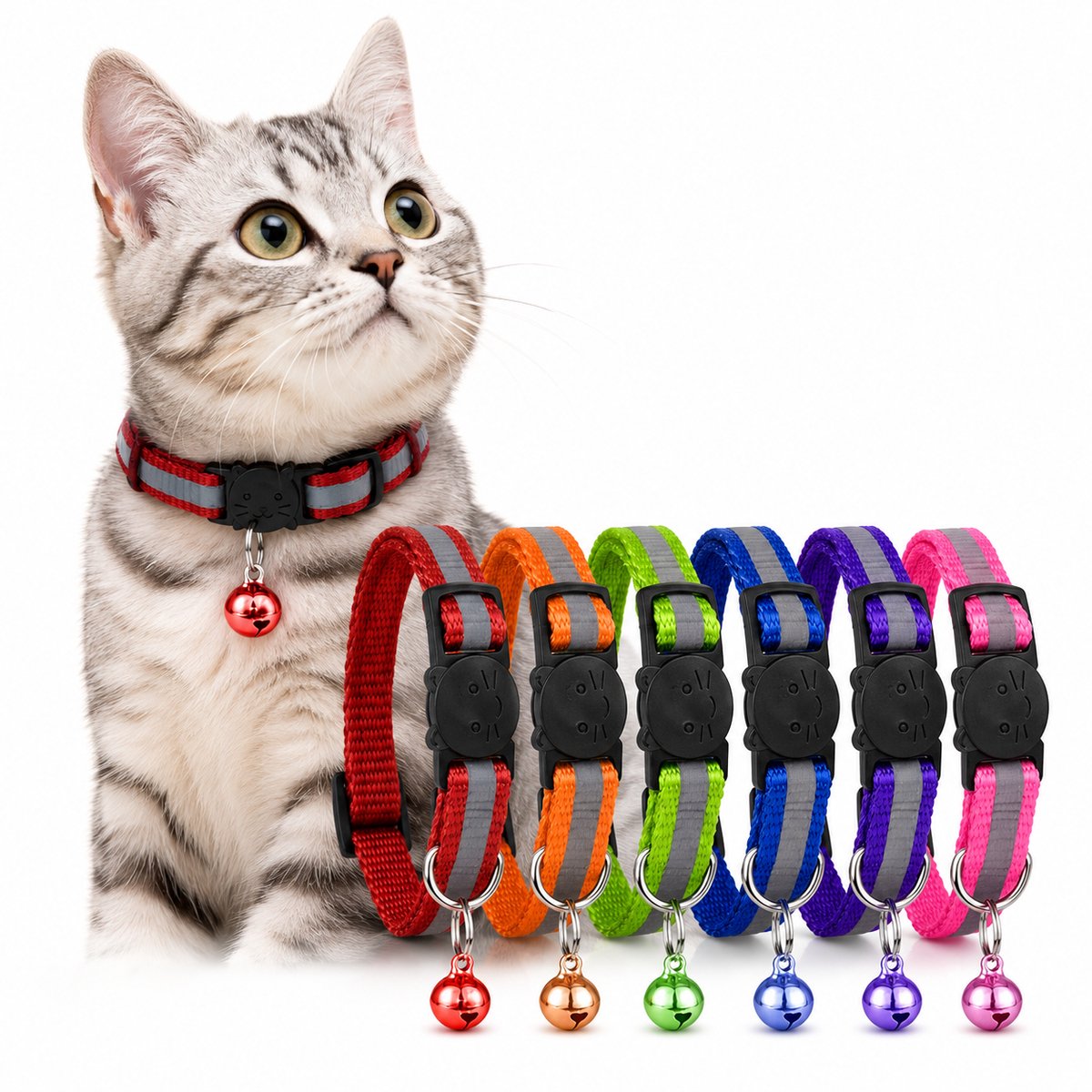 BOTC Kattenhalsband met veiligheidssluiting - Set van 6 stuks - Kattenbandje met belletje - voor grote & kleine katten