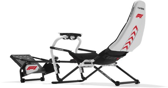 Siège de course Édition F1 blanc et noir avec logo F1, support de volant et pédales.
