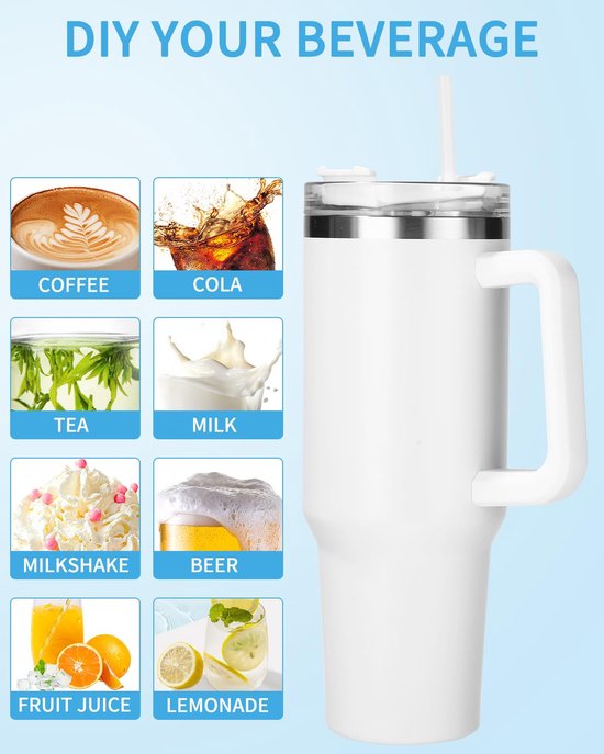 Een witte mok met handvat, naast afbeeldingen van koffie, cola, thee, melk, milkshake, bier, fruitsap en limonade.