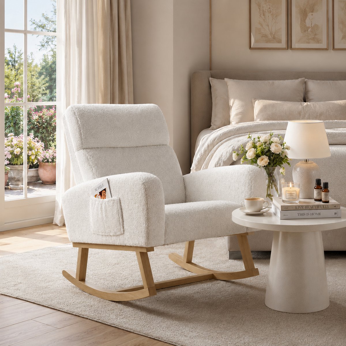 Schommelstoel met armleuningen - Fauteuil met rugsteun- Voedingsstoel met zijzakken - Relaxstoel babykamer - Wit