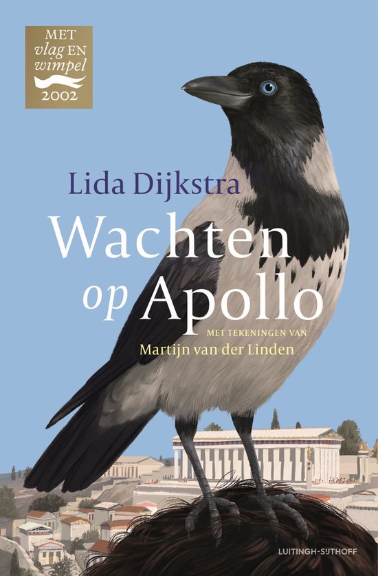 Boek 'Wachten op Apollo' met een kraai op de voorgrond. Achtergrond met Griekse ruïnes en de tekst 'Wachten op Apollo'.