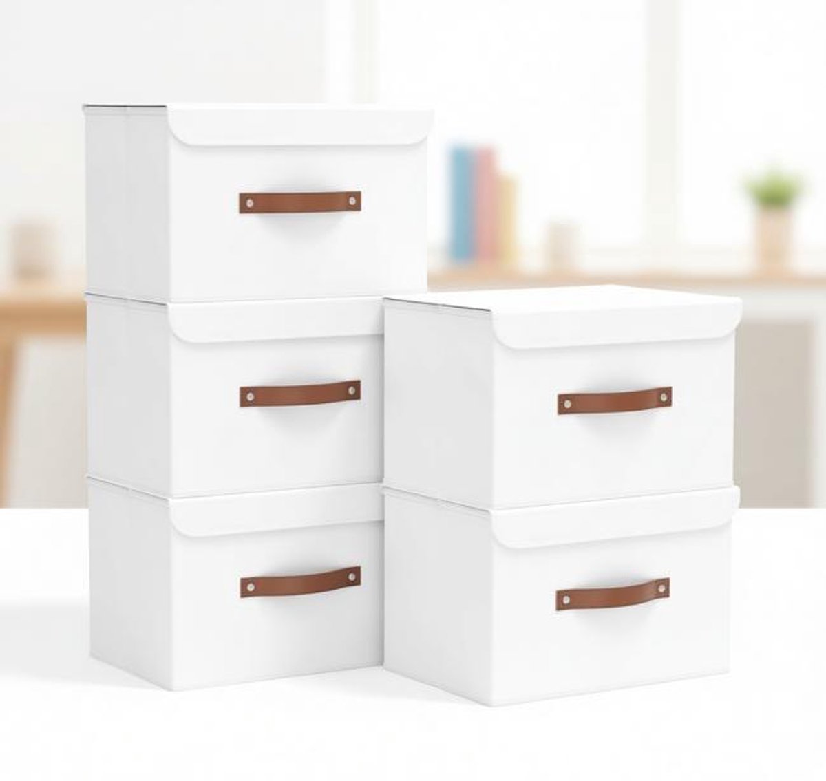 ElleMooi 5-Delige Opbergdozen met Deksel, Opvouwbare Stoffen Boxen, Wasbaar, voor Slaapkamer, Kleding Opbergen, 45x30x30cm, Wit