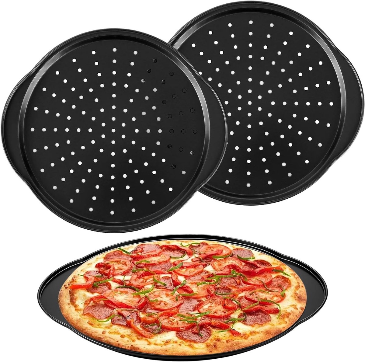Set van 3 geperforeerde 12 inch pizzaplaten met handgrepen, ideaal voor knapperige pizza's en ovengebruik (35x30,5 cm)