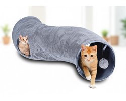 ElleMooi S-vormige kattentunnel met hangende ballen en 2 kijkgaten, opvouwbaar, 108x25 cm, grijs