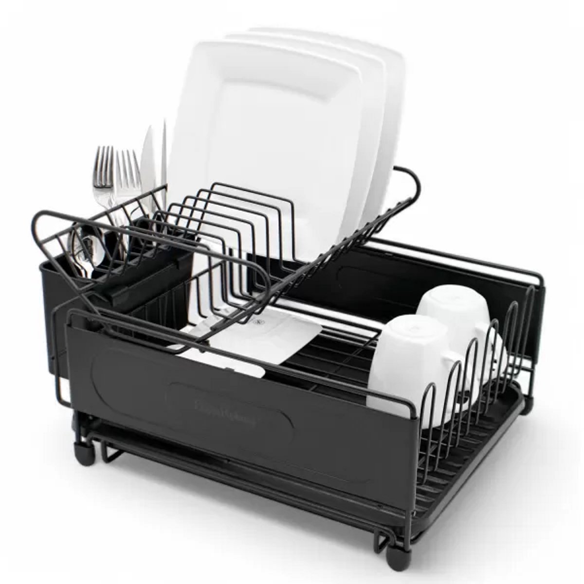 Afdruiprek 2 Laags met Lekbak en Bestekhouder – RVS Afwasrek Zwart voor Borden, Glazen, Mokken en Servies – 41 x 30 x 23 cm – MH-311058P