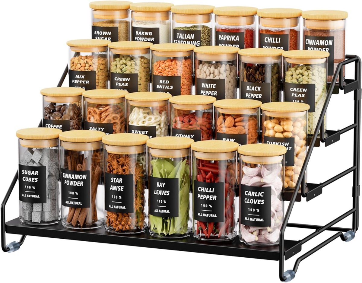 SNJY® Kruidenrek Staand - Aanrecht Organiser - Keukenrek Kruidenpotjes - 4-Laags - 24,5D x 33,5B x 21H cm - Zwart