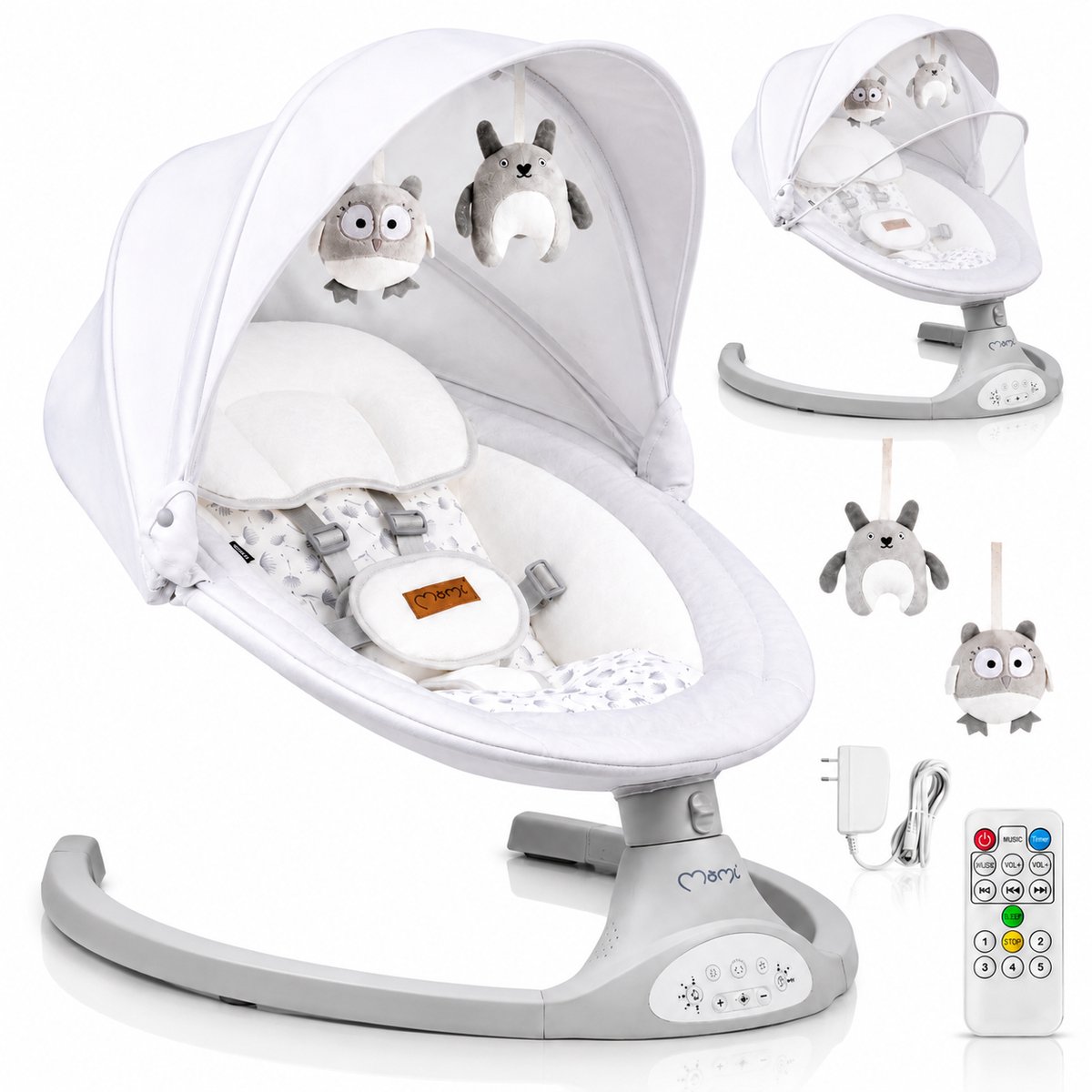 MoMi Kenani - Elektrische Babyschommel - Bluetooth - Afstandsbediening - 5 Schommelsnelheden - Lichtgrijs