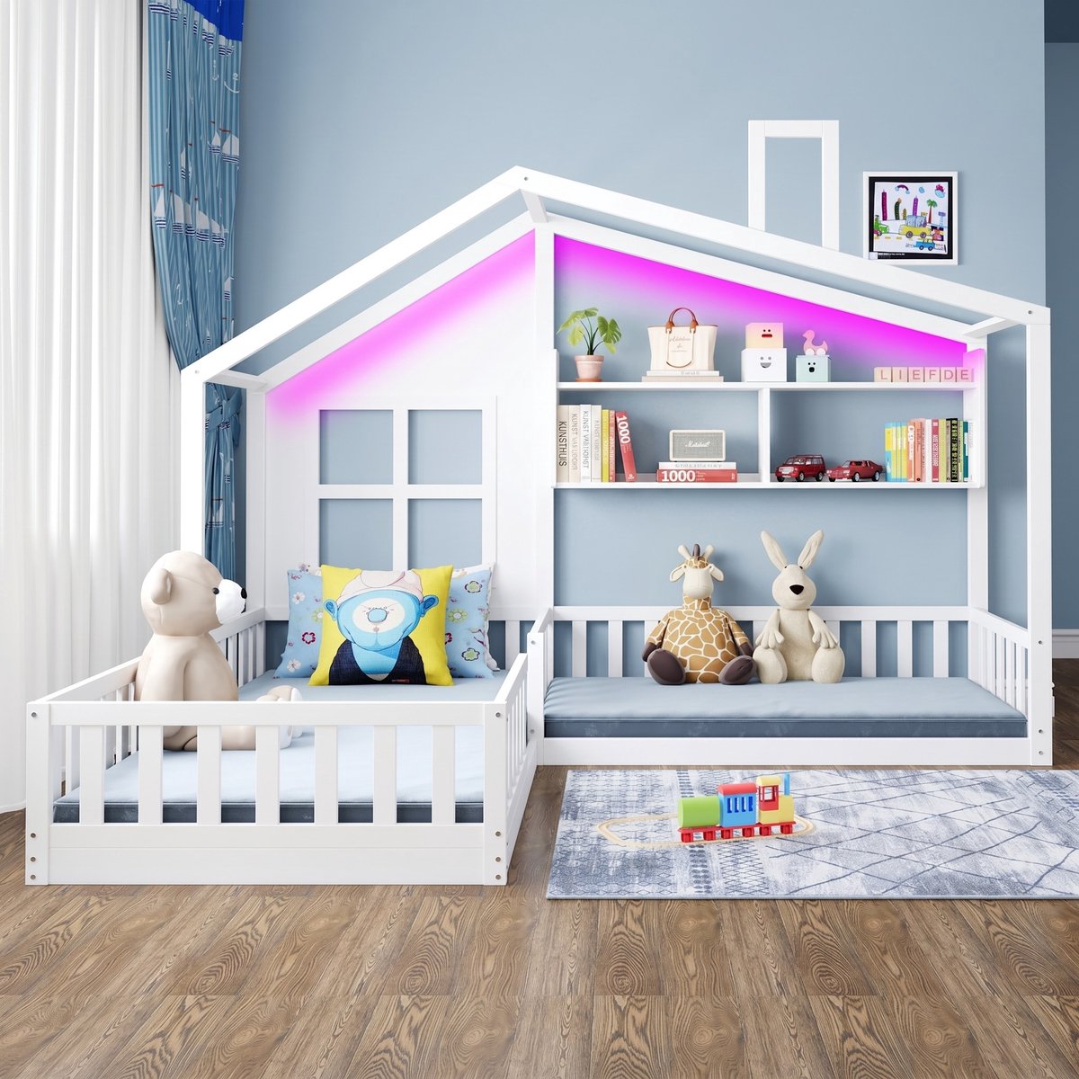 VVBV Kinderbed 90x200 – met Opbergruimte, Veiligheidshek, LED-Verlichting, Lattenbodem – Massief Hout – Wit – Kinderbed met Kast