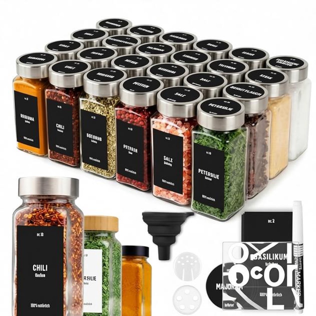 ElleMooi Set van 24 Glazen Kruidenpotjes met Schroefdeksel, 120ml - Incl. Labels, Trechter, Borstel en Stift