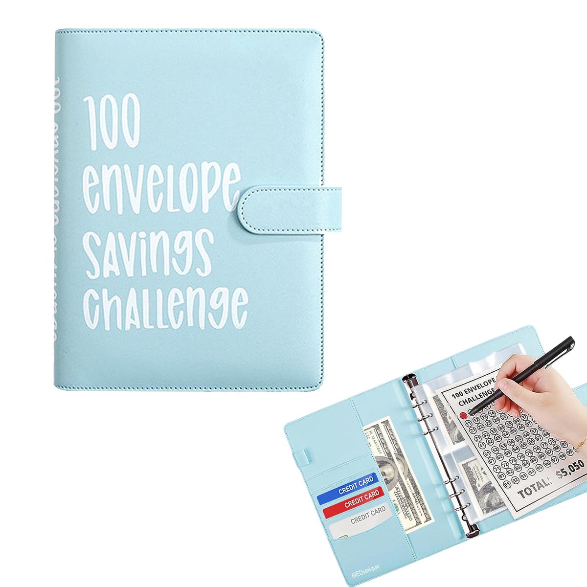 QTTVBTNA 100 Enveloppen Spaarchallenge Binder – Geld Besparen tot €5.050 – Cash Budget Planner met A5 Ringband & Enveloppen – Blauw