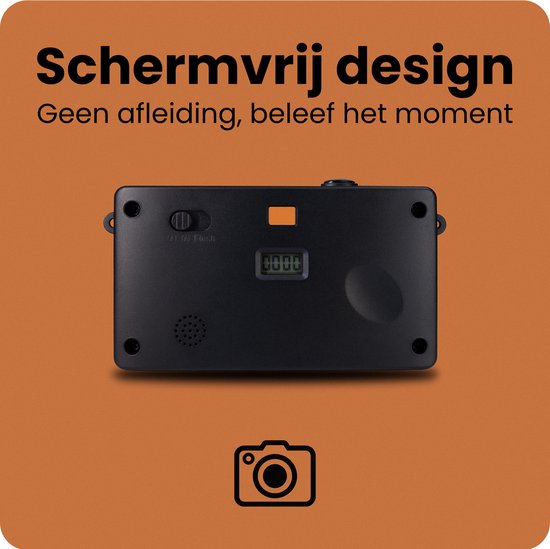 Achterkant van de zwarte Camp Snap camera met flitser aan/uit schakelaar, fototeller en luidspreker.
