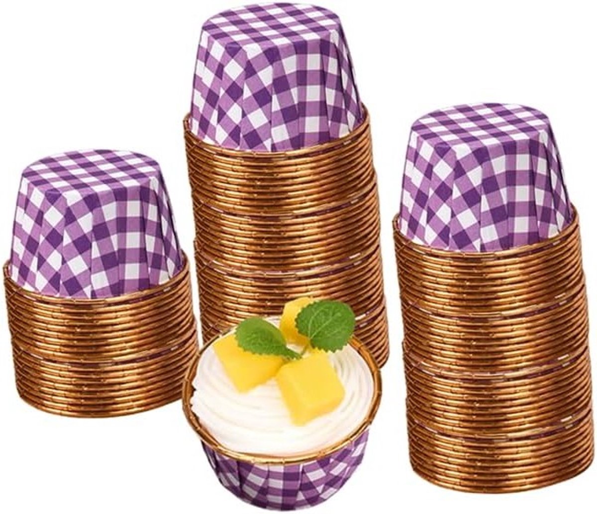 Mini Cupcake Bakvormpjes - 100 Stuks Wegwerp Muffinliners voor Bruiloft, Verjaardag en Valentijn - Paars Geruit Design