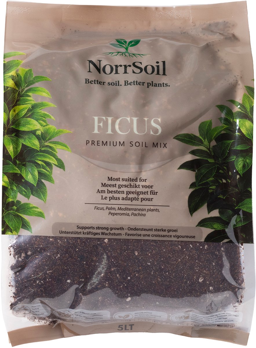 Norrsoil Ficus Potgrond 5L – Premium Turfvrije Potgrond met Kokosvezel & Wormenmest – 180 Dagen Organische Voeding – Voor Ficus, Palm, Pachira, Oleander & Kamerplanten