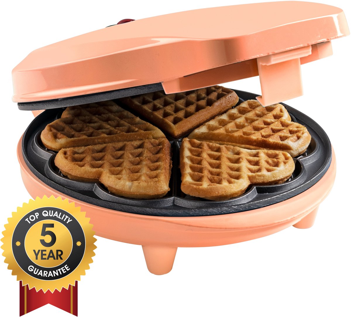 Bol.com Bestron Wafelijzer - ASW217PE - 700W - 5 hartvormige wafels - Anti aanbaklaag - Oranje - 5 jaar garantie - WK aanbieding