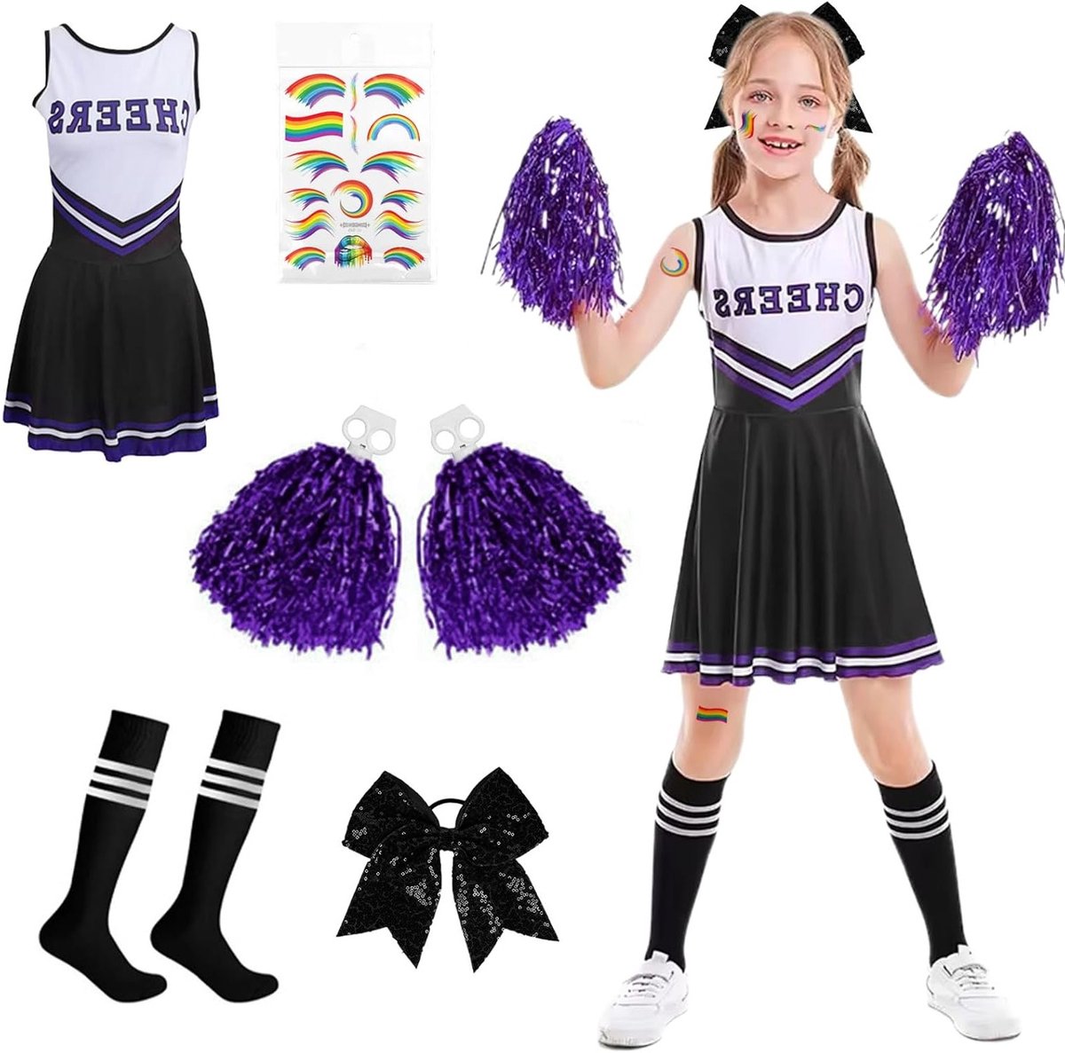Zwart Cheerleader Kostuum voor Meisjes met Jurk, Pompoms, Sokken, Strik en Stickers - Perfect voor Carnaval en Feestjes