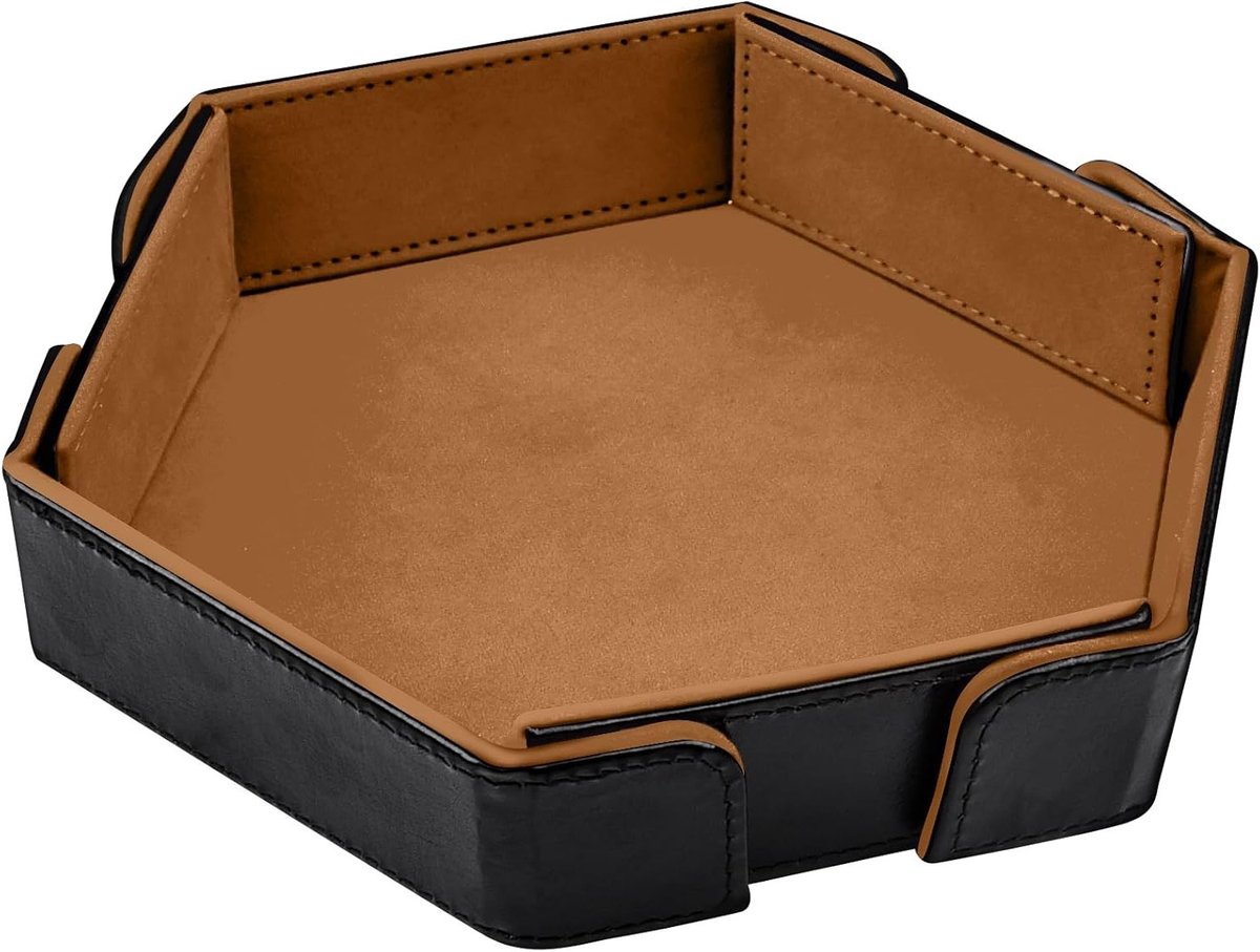 Vouwbare hexagonale dobbelstenen tray van PU-leer, perfect voor D&D en RPG, met opbergruimte en rolmat