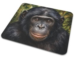 Muismat - Bonobo (Pan paniscus) Portret met Expressieve Blik - Premium Aquarel Stijl - Rustieke Bureau Onderlegger - Warm Cadeau voor Dierenvriend
