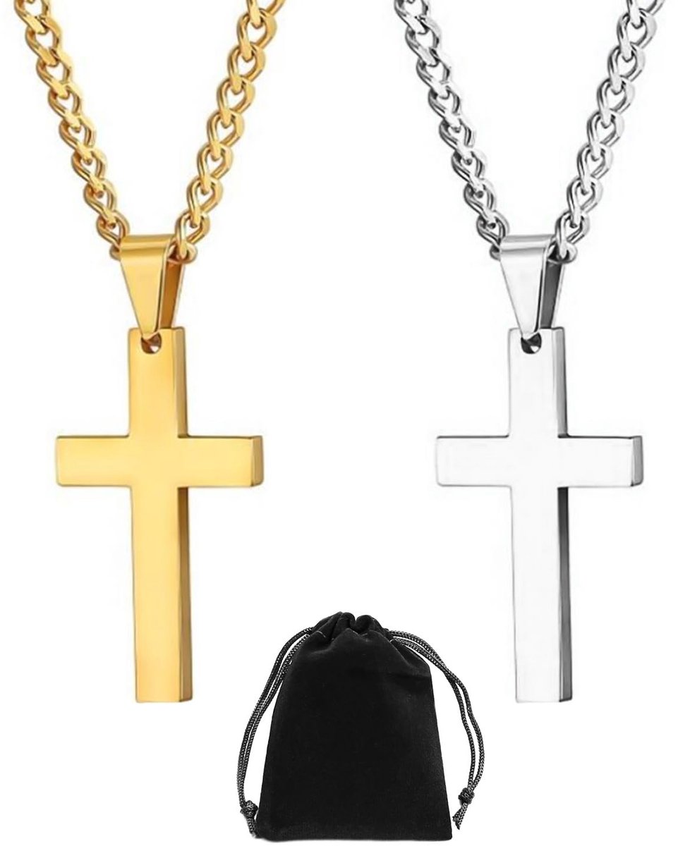VLEMICO- Kruisketting Set - Roestvrijstalen Hanger - Gouden/Zilveren Ketting - 2 Stuks - Fluwelen Zakje - Comfortabel en Duurzaam - Halsketting