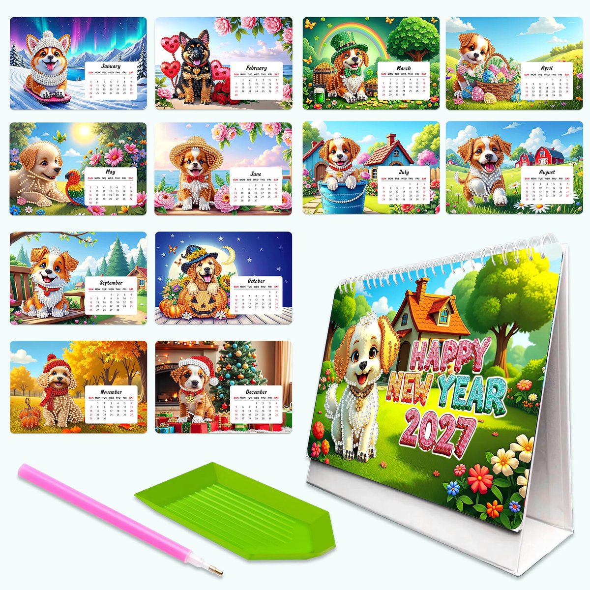 Kalender 2027 - Honden - 011 - compleet pakket - Diamond painting by Wietske