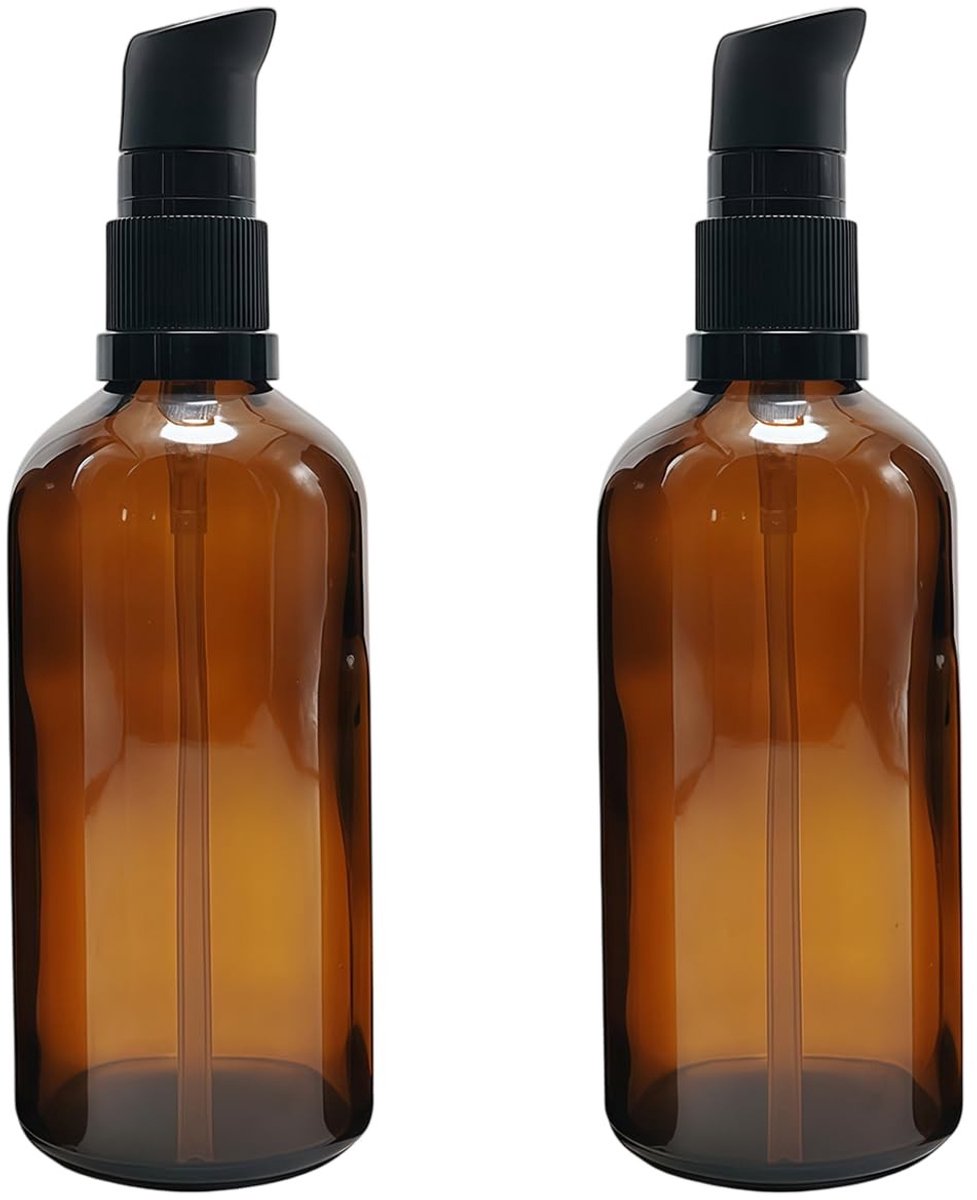LAUZY- Pompflessen 2 stuks 100ml - Lege Flessen - Amber Glas - Cosmetische Dispenser - Reizen - Stevig en Herbruikbaar - Fles
