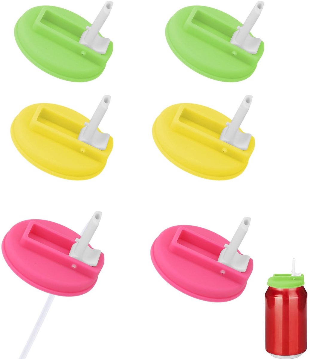 LAUZY - Herbruikbare Siliconen Lids - 6Pcs Soda Lids - Voor Standaard Blikken - Groen, Geel, Roze - Met Rietjes - Ideaal voor Dranken - Geschikt...
