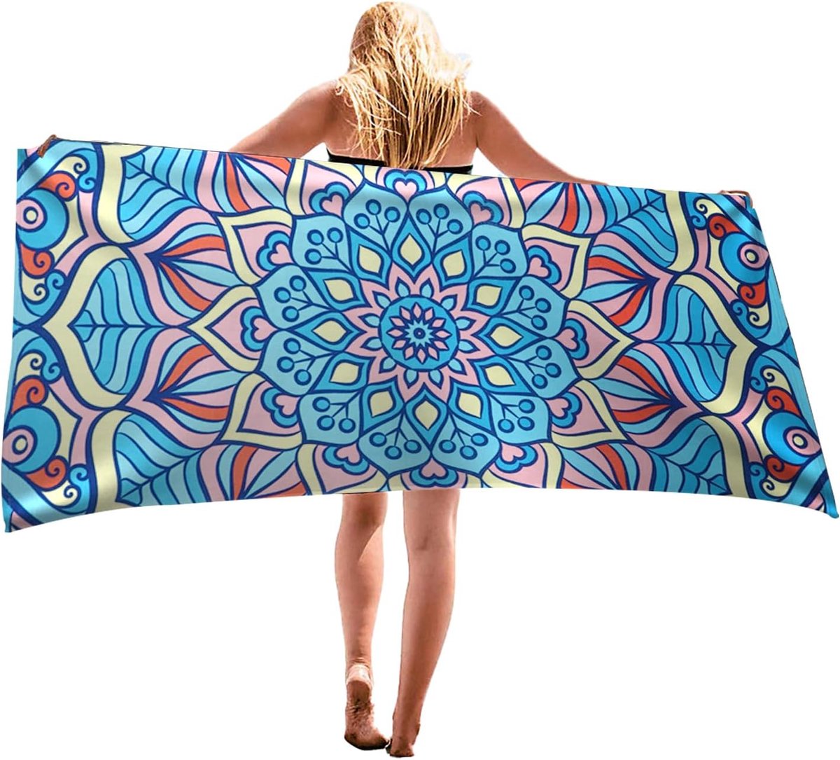 Strandlaken - Strandlaken microvezel - Blauwe microvezel strandhanddoek met mandala-patroon – lichtgewicht, zandafstotende en sneldrogende reishanddoek - ideaal voor zwembadactiviteiten - yoga - kamperen - picknicks en strandvakanties 155*76cm
