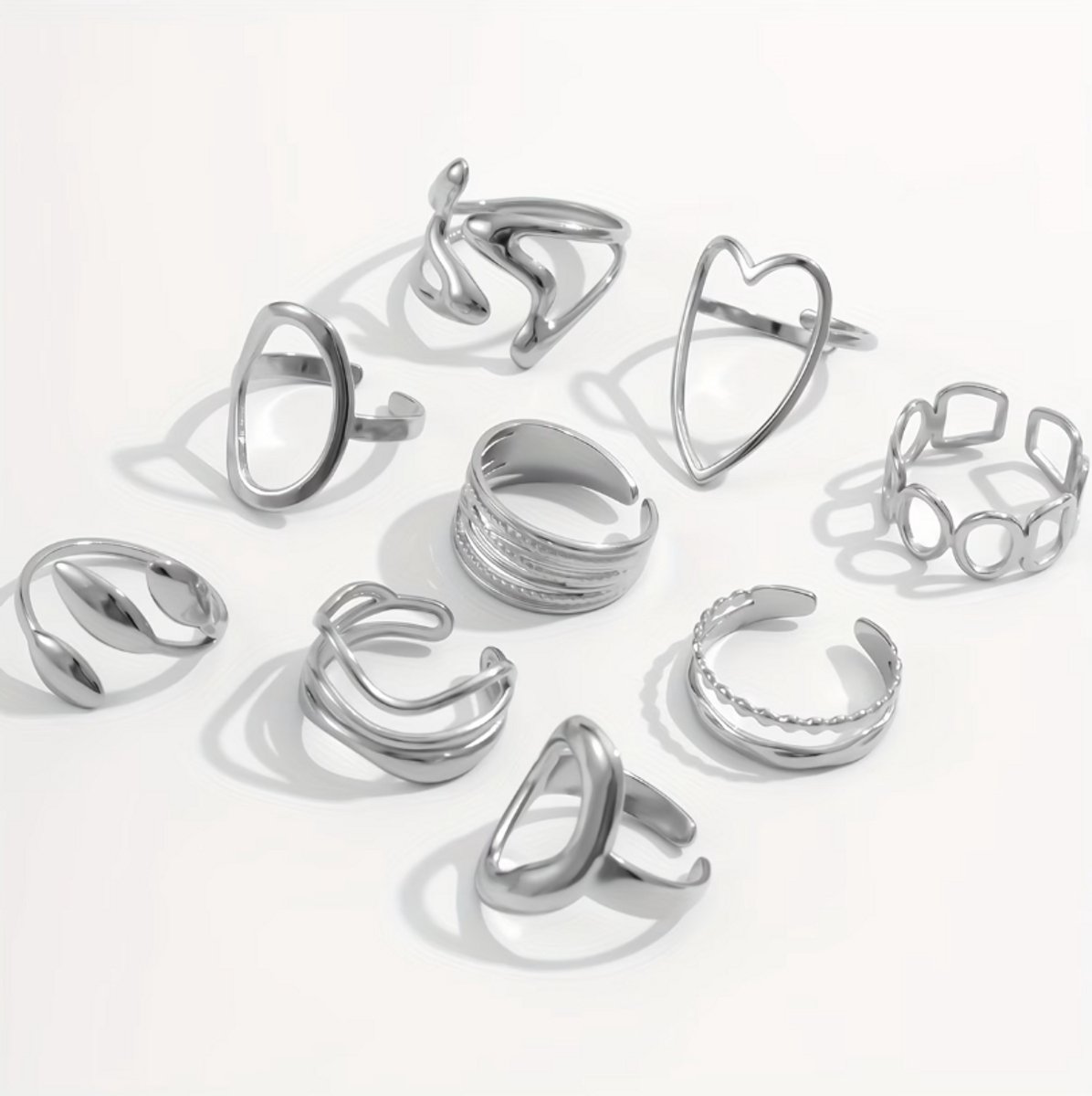 Zilverkleurige statement ring set dames 9 delige verstelbare open ringen geometrische hart ring golvende ring minimalistische vingerringen sieraden set