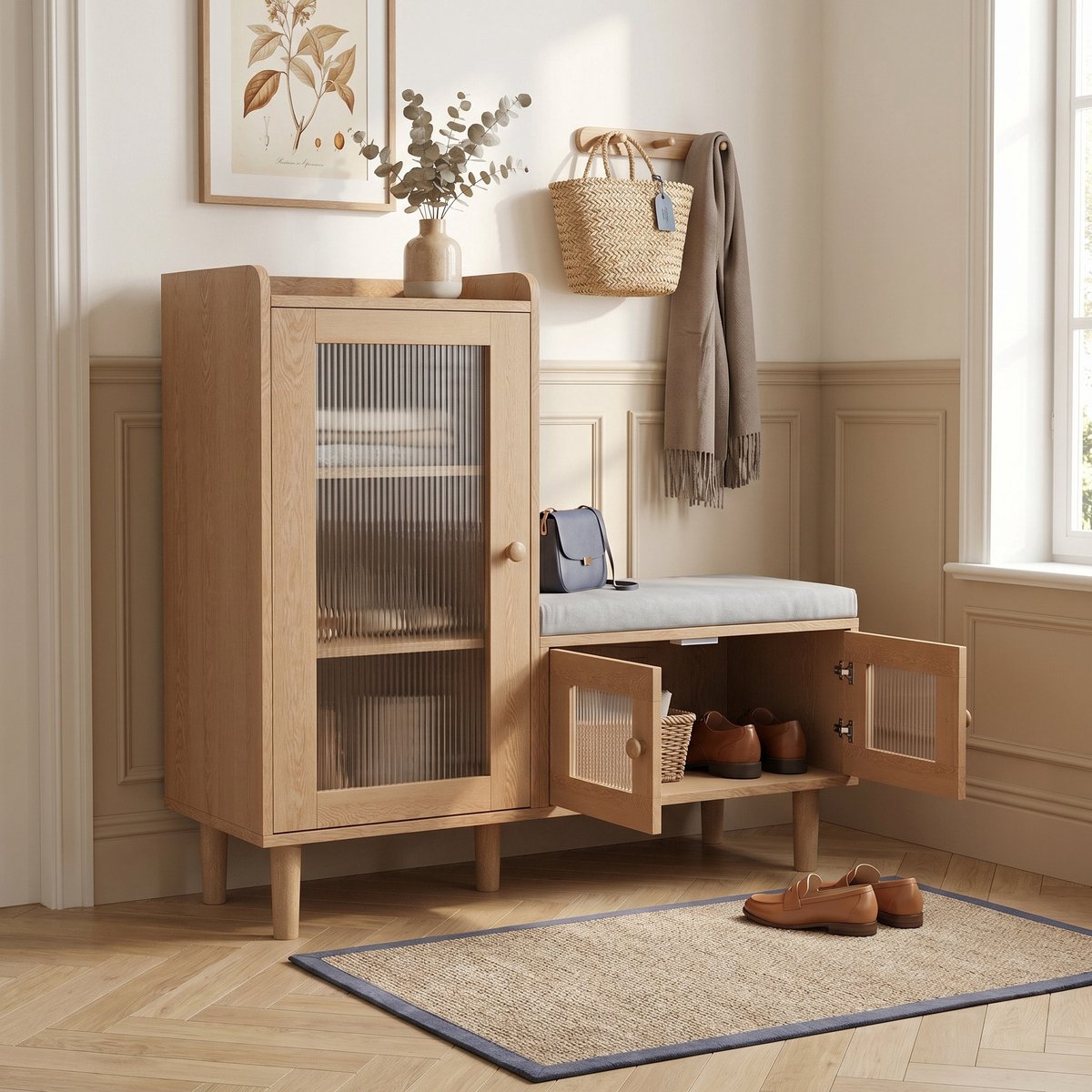 Schoenenkast met zitkussen - 100x35x69.5cm - Verstelbare planken - Glazen deuren - Hout - Modern - Naturel