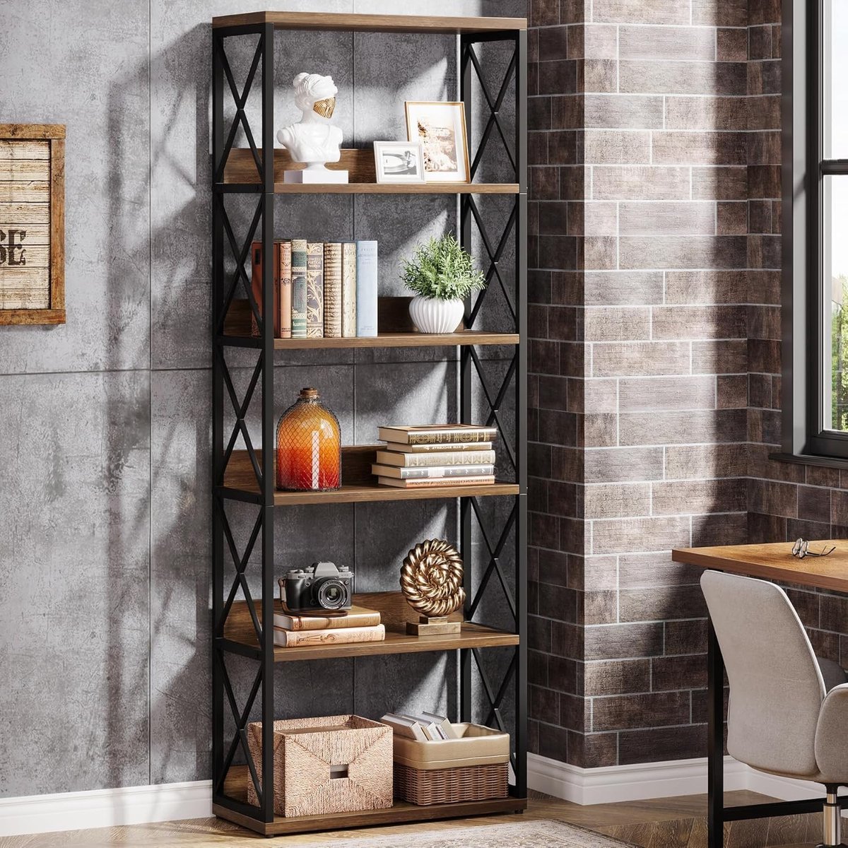 Boekenkast Industrieel 178 cm – House&Garden Vintage Open Kast met 5 Planken – Bruin & Zwart Metaal Houtlook – Smal Opbergrek 70x30x178 cm – Vrijstaand Design Rek voor Woonkamer, Kantoor, Slaapkamer & Werkkamer