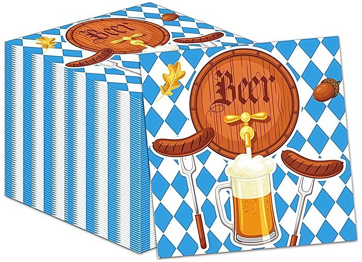 Dailygoods- Servetten 20 stuks - Beierse Servetten - Oktoberfest Decor - 33x33 cm - Blauw-wit Ruitpatroon - Feestelijke Sfeer - Feestservetten