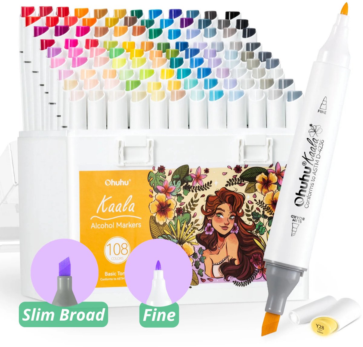 Ohuhu - Kaala Slim Broad & Fine - Alcohol based Art Markers - 108 Basic Tones kleuren