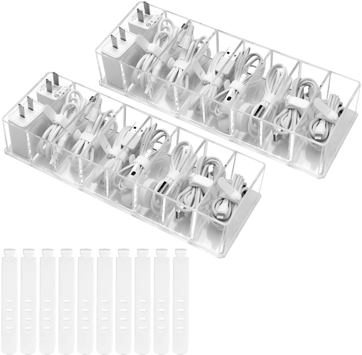 Dailygoods- Kabelopbergdoos Transparant - Kabelorganizerbox - Kabelmanagementbox - Kunststof - 2 Stuks - 10 Siliconen Kabelbinders - Kabelorganizer