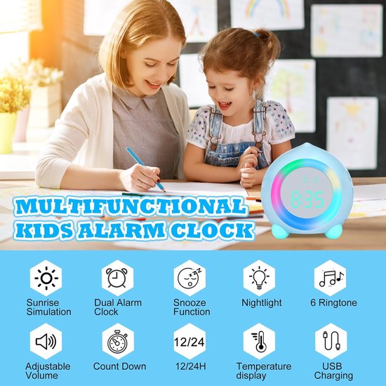 Digitale Kinderwekker - Nachtlampje Wekker - Kinderen Wakker Maken - Instelbare Timer - Klein - Azure Blauw — afbeelding 4