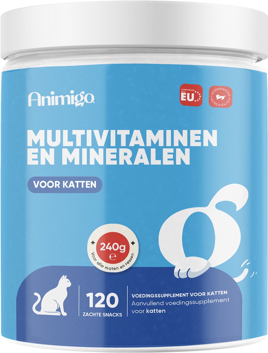 Animigo Multivitaminen Katten Snacks - 18 Essentiële Vitaminen & Mineralen - Voor alle Rassen - Natuurlijke Ingrediënten - Gemaakt in de EU