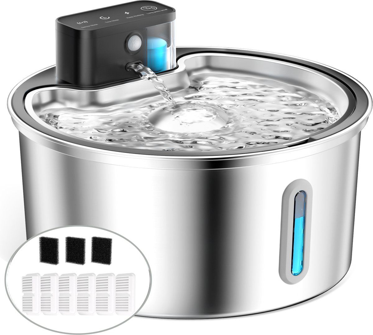 PawPoll® Draadloze Drinkfontein - RVS - 3.2L - Waterfontein voor Katten en Honden - Met Sensor - Kattenfontein - Incl. 6 Filters en cleaning - Waterdispenser - Fluisterstil - Zilver