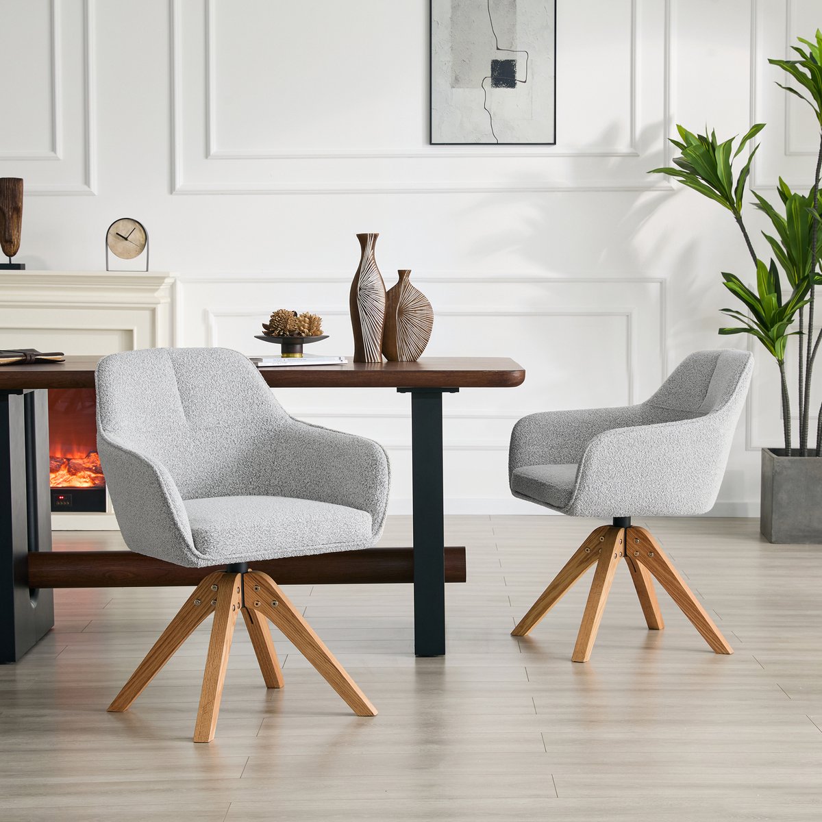 REDOM Eetkamerstoel Set van 2 - 360° Draaibaar - Modern - Hout en Stof - Grijs