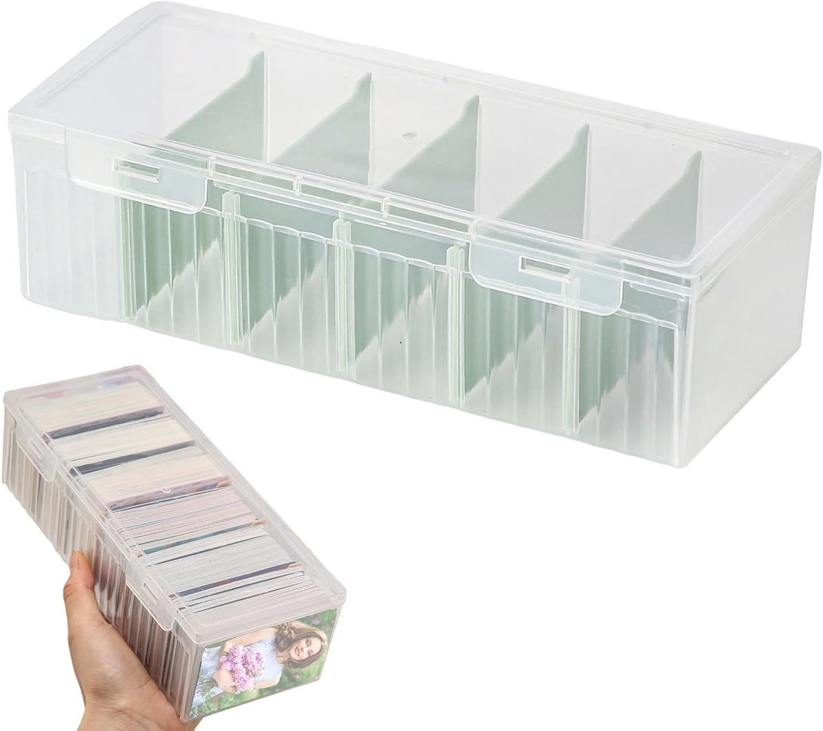 Card Box A8 met Deksel en Verwijderbare Scheidingswanden voor 600 Kaarten, Ideaal voor Leerkaarten, Visitekaartjes en Notities, 24 x 10 x 7 cm, Groen