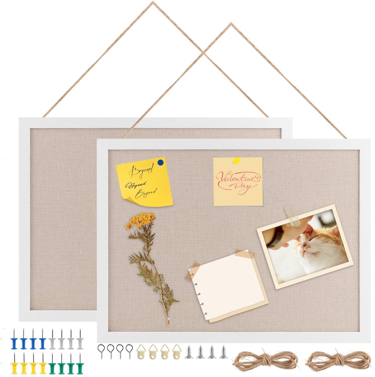 Dailygoods- Prikbord Kurk 30 x 40 cm - 2 Stuks - Linnen - Houten Frame - Wanddecoratie - 16 Prikspelden - Berichtbord