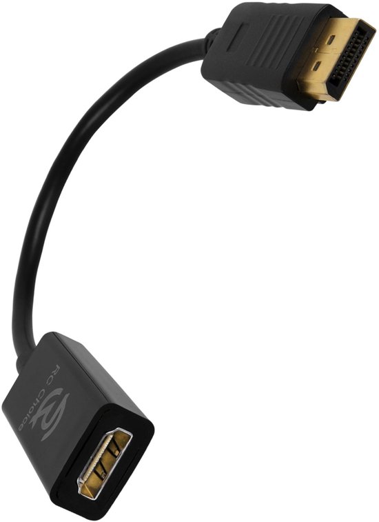 Zwarte, flexibele DisplayPort male naar HDMI female adapterkabel met vergulde connectoren.