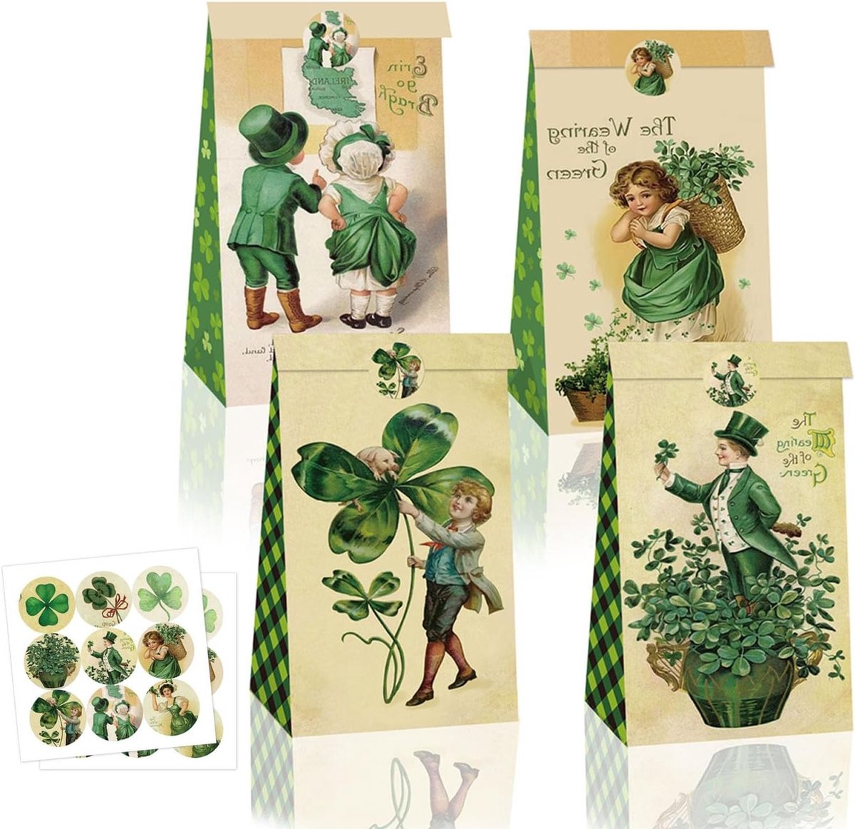 12 Stuks Papieren Geschenkzakken voor St. Patrick's Day, Retro Groene Klavers voor Snoep, Koekjes en Traktaties voor Kinderen