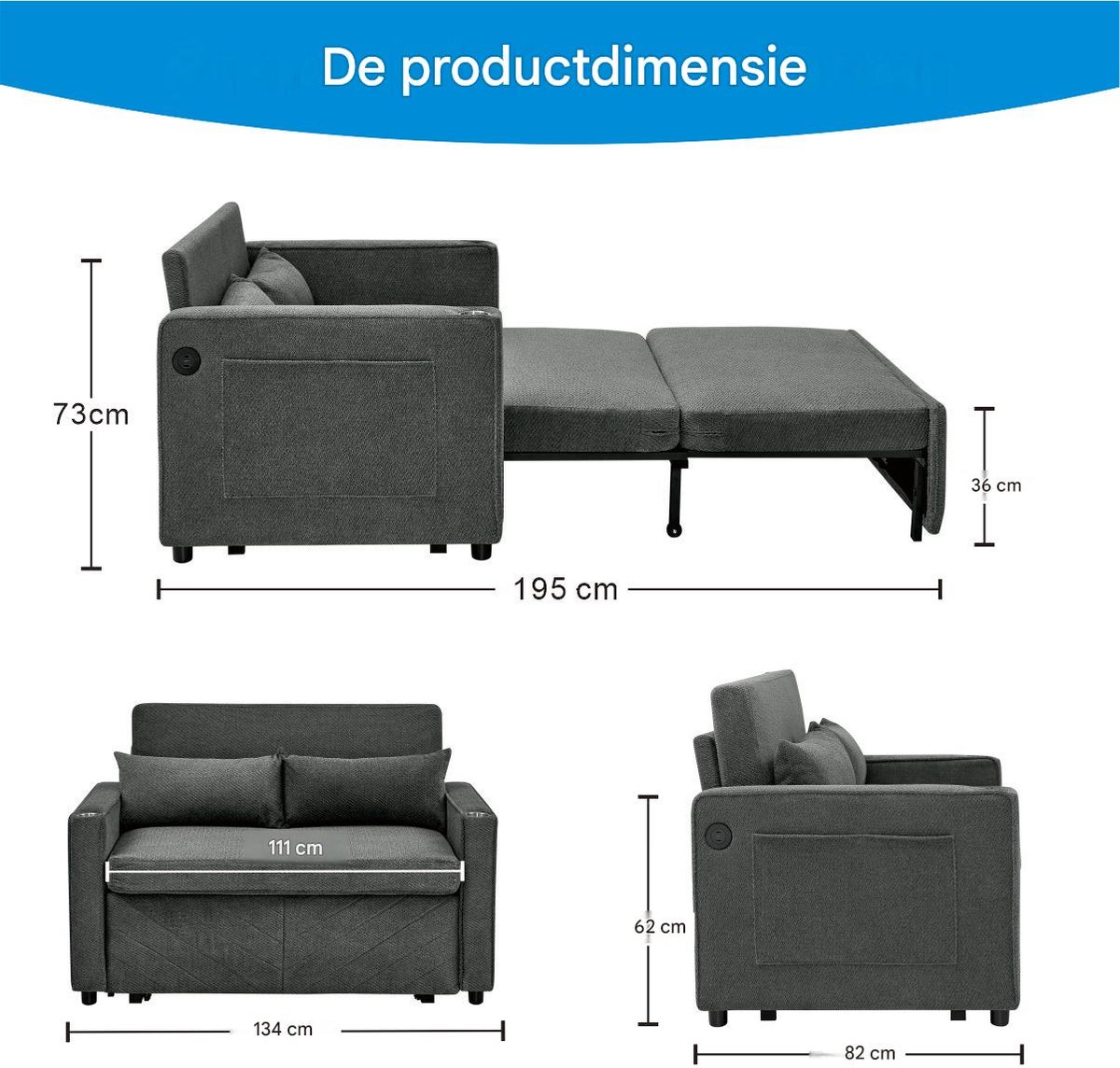 Slaapbank 2-Zits - Uitschuifbaar Bankbed Met USB - Donkergrijs - 3-In-1