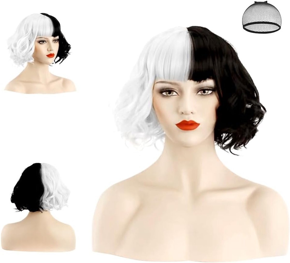 Korte Zwarte en Witte Perucque - Korte Krullende Golfstijl voor Vrouwen, Perfect voor Cosplay en Halloween Feestjes, Inclusief Haarnet