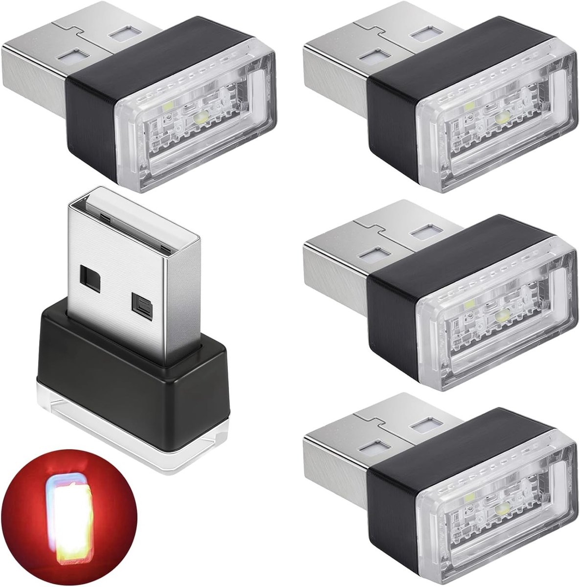 Mini USB Verlichting voor Auto, Dimbare Ambient Light, Ideaal voor Laptop en Mobiele Telefoon (5 Stuks, Rood)