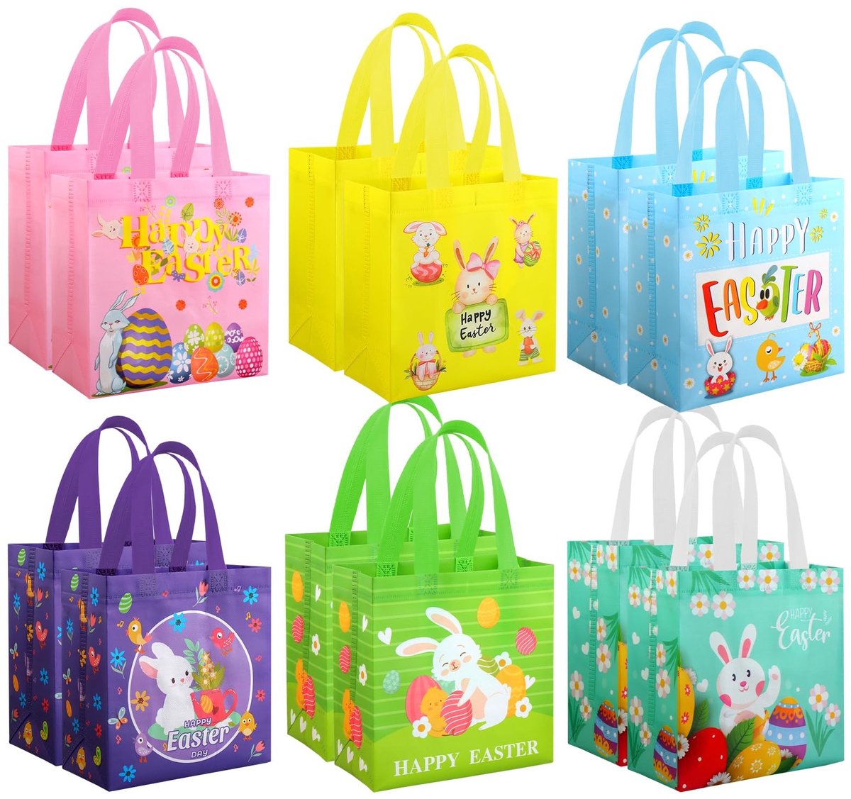 Dailygoods- Cadeauzakjes 12 stuks - Papieren Zakjes - Paasgeschenkzakje - Herbruikbaar - 15 x 8 x 21 cm - Paashaasmotief - Paaszakjes