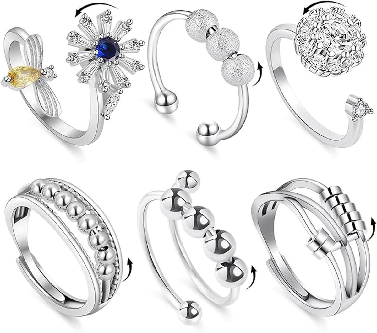 Vrouwelijke Fidget Spinner Ringen voor Stressverlichting - Verstelbare Open Ringen met Cubic Zirconia en Stapelbare Ontwerpen