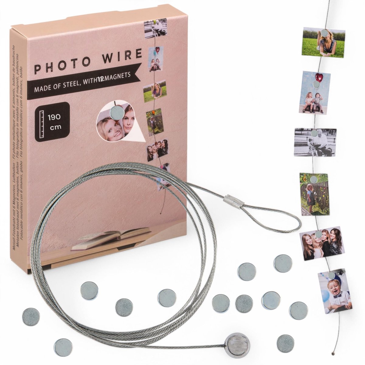 Dailygoods- Fotodraad 190 cm - Stijlvolle Fotoophanging - Flexibel Fototouw - Wandmontage Zonder Boren - 12 Ronde Magneten - Hoogwaardig Staal - Foto Ophangsystemen