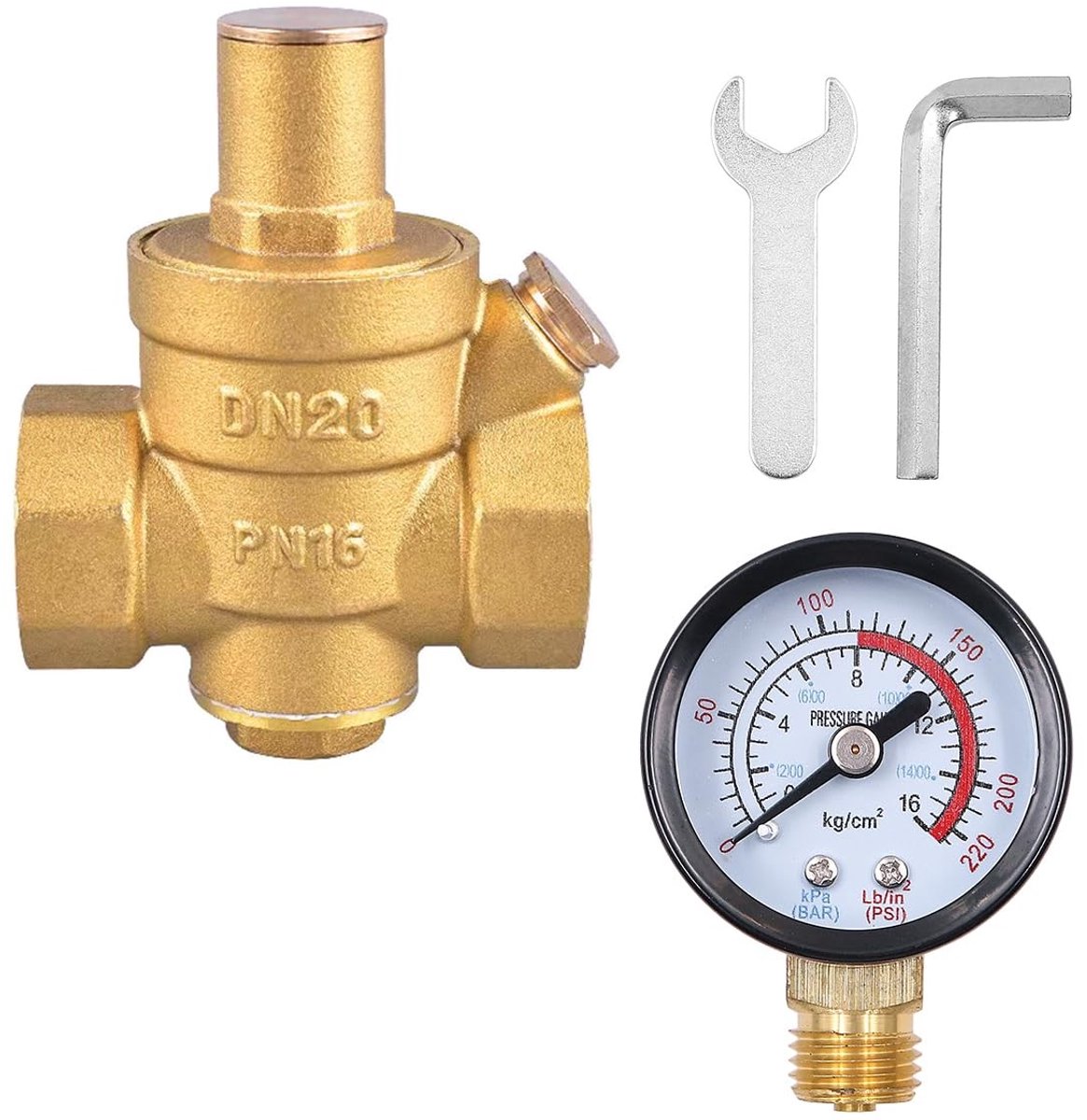 Dailygoods- Waterdrukregelaar DN20 3/4 inch - Messing - Verstelbare Drukregelaar - Manometer - Ontlastklep - Bestand tegen 1,6 MPa