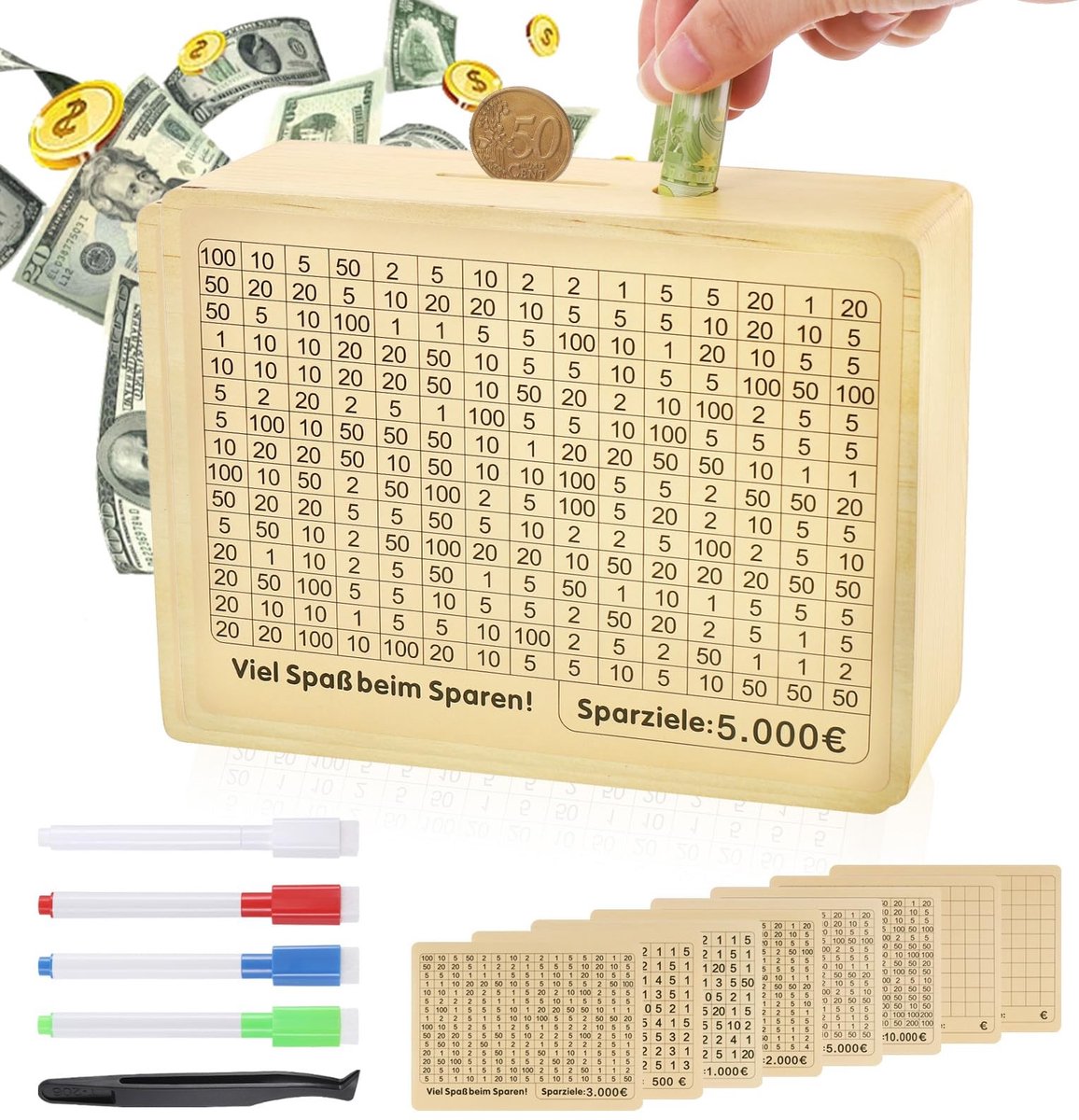 Dailygoods- Spaarbox Houtkleur - Spaarpot Volwassenen - Spaarpot Kind - Herbruikbare Spaarbox - 10000 Spaaruitdaging - Duurzaam Hout