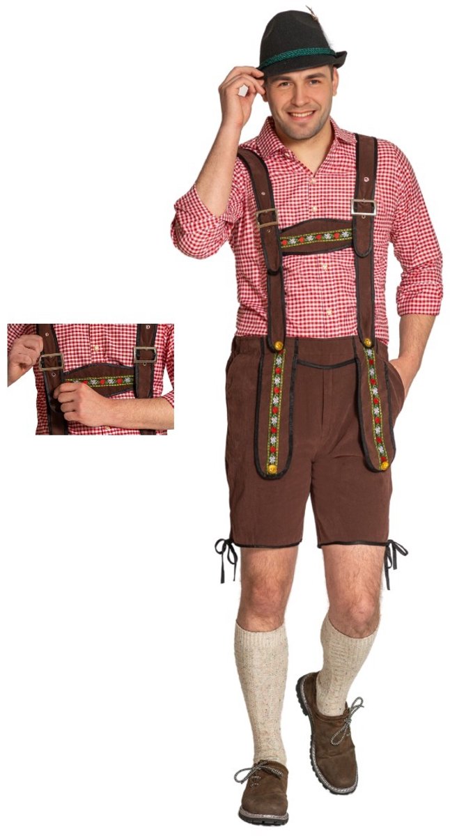 Partychimp Voordelige Korte Lederhose Man Johann met verstelbare bretels Oktoberfest Heren Lederhosen Man Carnavalskleding Heren Carnaval - Polyester - Donkerbruin - Maat 3XL
