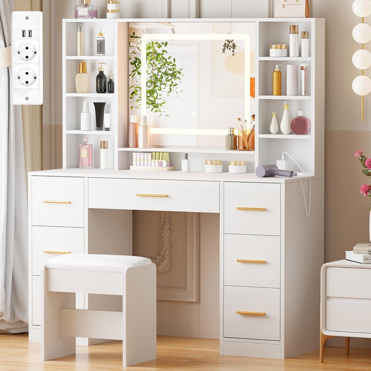 Kaptafel met Spiegel en Verlichting - Make-up Tafel - Make-up tafel - Organisatie